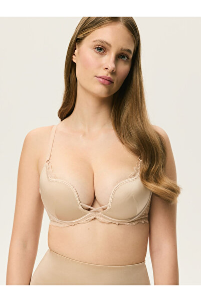 ESOTIQ Push-Up Plunge Bra Deep V-Neck Cleavage Plunging with Lace Details Removable Padding | Claudia