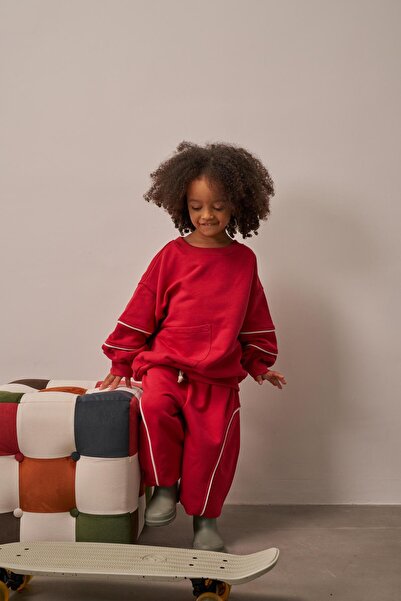 Oh La La Koala For Little Ones Red Asymmetrical Pocket Detailed Oversize Children's Top and Bottom Set