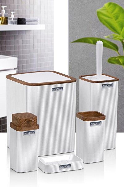 Okyanus Home Σετ μπάνιου Stella White με ξύλινο σχέδιο και ρίγες, 5 τεμαχίων