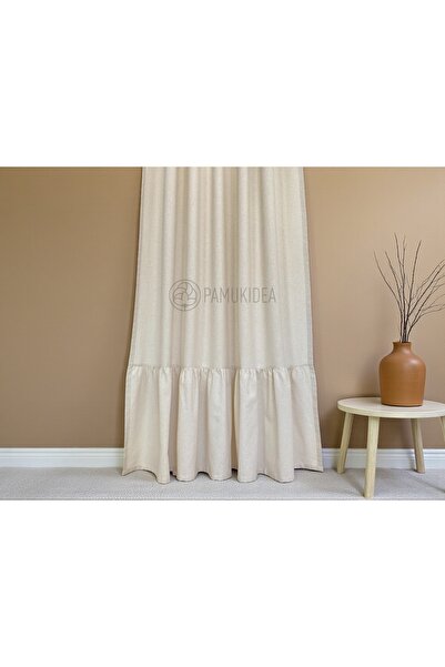 pamukidea Ruffled Rope Laced Skirt 100% Cotton Natural Buldan Linen Rustic Curtain - Single Wing - (En X Size)