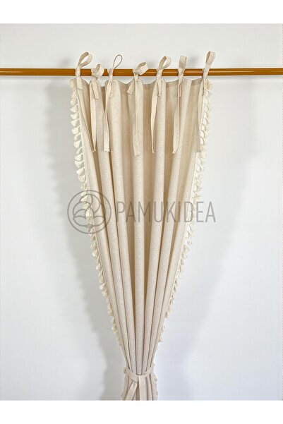 pamukidea Cream Pompom with Rope Laces - Tasseled 100% Cotton Buldan Linen Rustic Curtain - Single Wing - (En X Size)