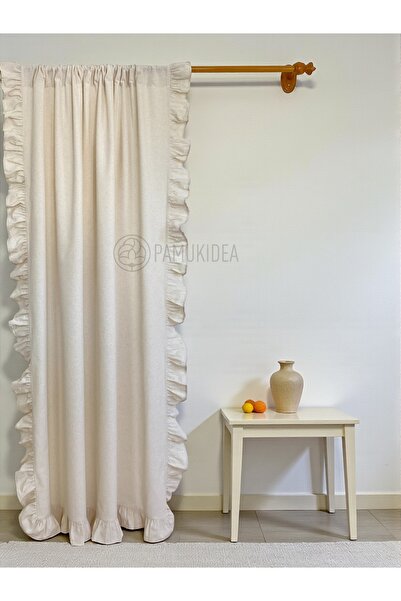 pamukidea Rustic Pocketed Three Edged Ruffled 100% Cotton Natural Buldan Linen Curtain - Single Wing - (En X Size)
