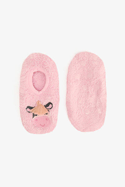 Penti Dusty Rose Girl's Cow Embroidered Non-Slip Sole Home Shoes