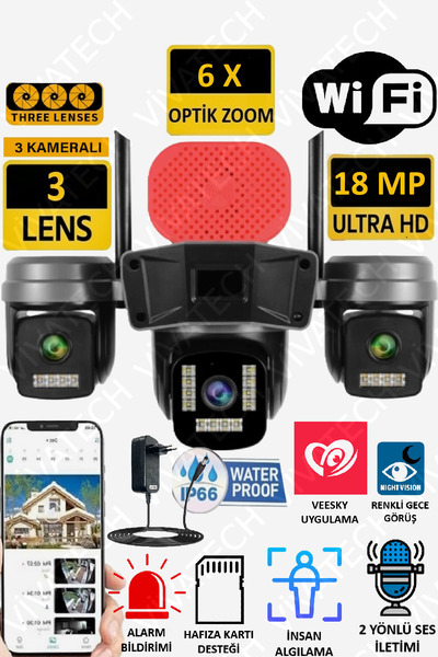 VİVATECH Pro 308 18MP WiFi 3 Lens Yapay Zeka İnsan Algılama Su Geçirmez Uzakt...