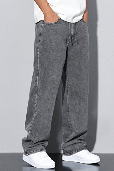 THE RULE Men's Anthracite Baggy Elastic Waist Lycra Straight Leg Loose Fit Stretchy Jean Denim Trousers Rf0479