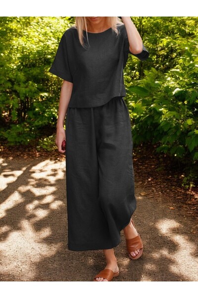 Barbora Keten Kadın Günlük Beli Lastikli İkili Takım Alt Üst