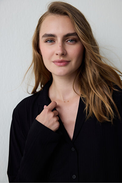 Penti Siyah Fitilli Gömlek Yaka Uzun Kollu Düğmeli Pijama Takımı