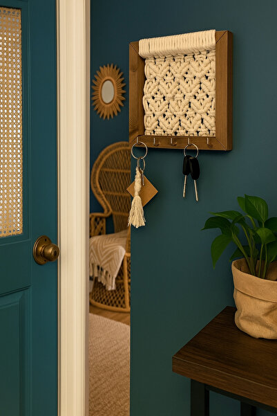 woodalbuba Ahşap Anahtar Askısı Hol Antre Dekoratif Makrome Anahtarlık Duvar ...