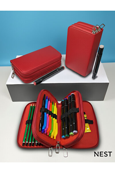 Nest Life Sunii Leather Red 3 Zipper Pen Holder, Wallet, Women's Wallet