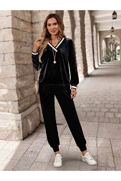 Modayakamoz Women's Long Sleeve V-Neck Velvet Blouse and Pants Two-Piece Set