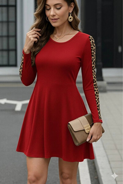 Butik Women's Long Sleeve Crew Neck Sleeves Leopard Detail Two Thread Mini Length Dress
