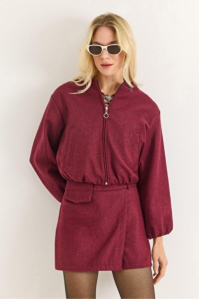 Raneel Kazançlı Alışveriş Women's Bomber Jacket with Pockets and Zipper, Burg...