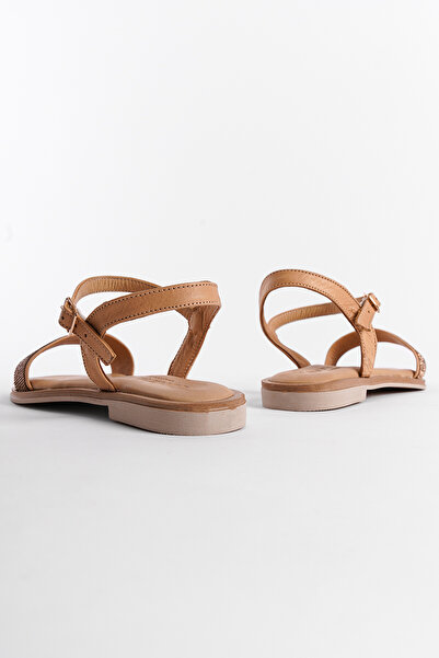 Capone Outfitters Genuine Leather Stoned Single Strap Flat Heeled Women's Sandals