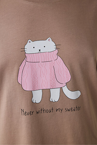 Penti Beige Ent Crew Neck Slogan Printed Cotton Sweatshirt Pajama Set