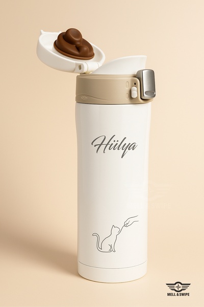 MELL & SWIPE Hediyelik Termos Kişiye Özel Isim Baskılı Beyaz Çelik 450 ml Termos Mug Kahve Çay Termosu