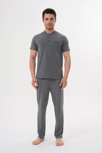 Mecit Pijama Plus Size Short Sleeve Buttoned Collar 3 Piece Men's Shorts Pajama Set %90 Cotton %10 Viscose