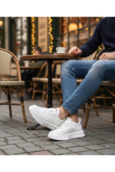 BOA BA0332 Чоловічі спортивні кросівки з високою підошвою, білі, з шнурівкою та візерунком сходів