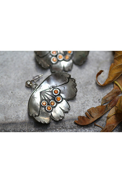 Silvermage Gümüş925 Küpe Elişi Turuncu Zirkonlu Çiçek Motifli