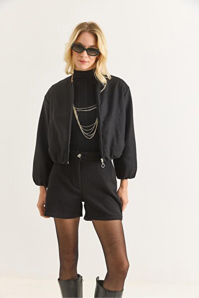 Raneel Kazançlı Alışveriş Women's Bomber Jacket with Pockets and Zipper, Black