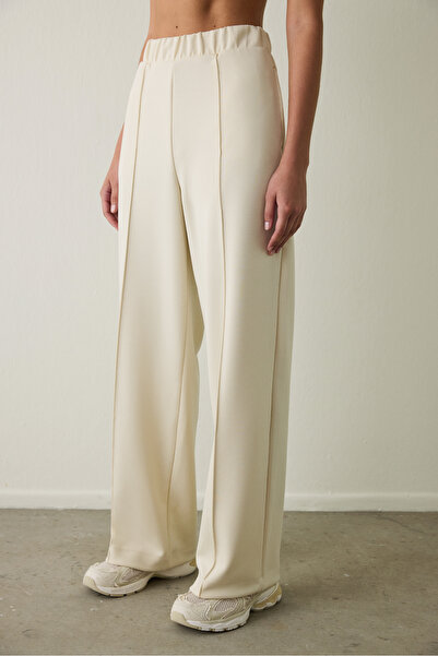 Penti Bej Nervürlü Yüksek Bel Geniş Paça Jogger Eşofman Altı