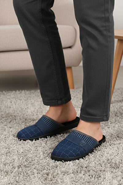 GEZER Erkek Ev Terliği Mavi Kışlık Sıcak Astarlı Kaymaz Taban Rahat Yumuşak Ev İçi Terlik