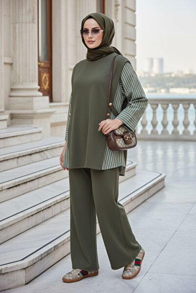 Aselim Hijap Moda Γυναικείο Τζιλάτι Σετ Λιόρα – Πουκάμισο από βαμβάκι με δύο κλωστές με λεπτομέρειες – Χακί πράσινο