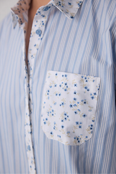 Penti Açık Mavi Lilah Gömlek Yaka Pamuklu Uzun Kollu Şort Pijama Takımı