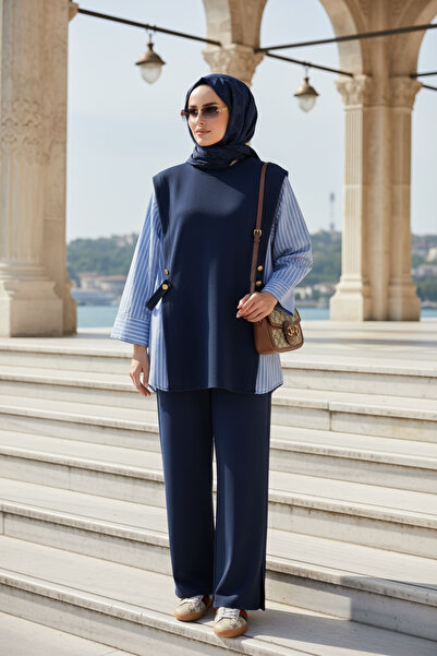 Aselim Hijap Moda Γυναικείο Μαντίλι Λιόρα Διπλό Σετ – Πουκάμισο από βαμβάκι με λεπτομέρεια από δύο κλωστές-Μπλε ναυτικό