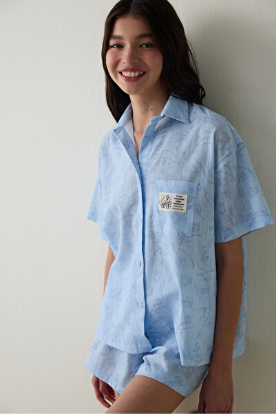 Penti Açık Mavi Antalya Çiğdemi Pamuklu Çiçekli Gömlek Şort Pijama Takımı - Inspired by Flora