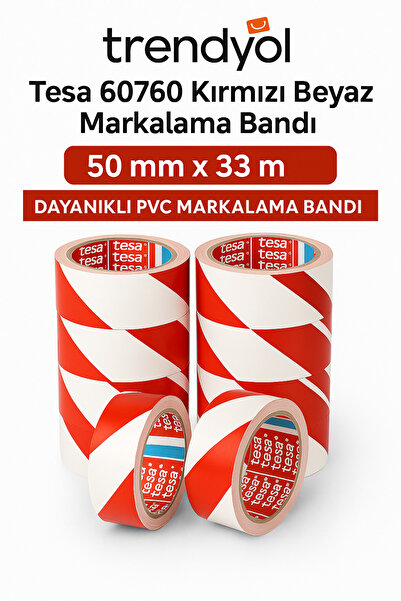 Tesa 60760 Kırmızı-Beyaz İkaz Bandı-Yer İşaretleme Bandı – 33 m x 50 mm