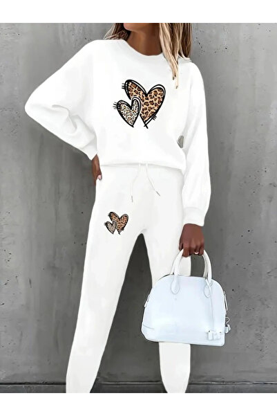 ARONA Mdb Women's Long Sleeve Crew Neck Heart Pattern Fleece-Lined Three Yarn Blouse and Pants Double Suit