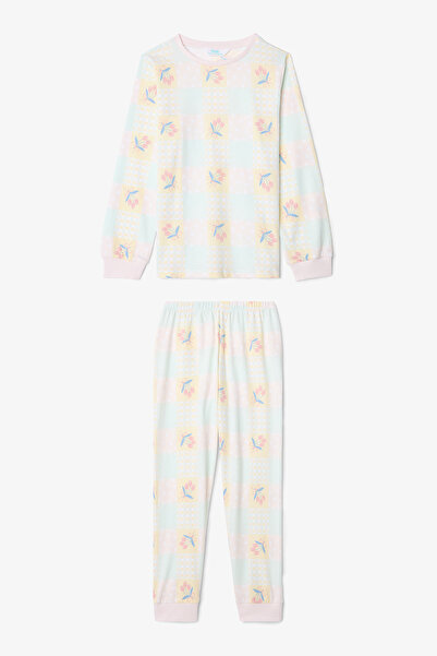 Penti Set de pijamale din bumbac cu mâneci lungi, cu model de flori crocante, alb optic, pentru fete, 2 piese