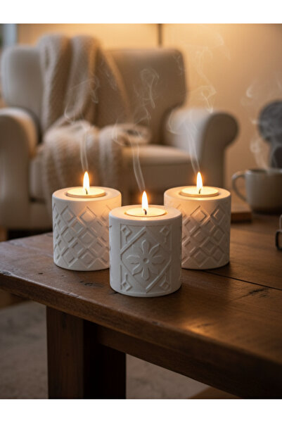 MD Stone&Light Lattice Glow 3'lü Tealight Mumluk Seti - Modern Motifli Dekora...