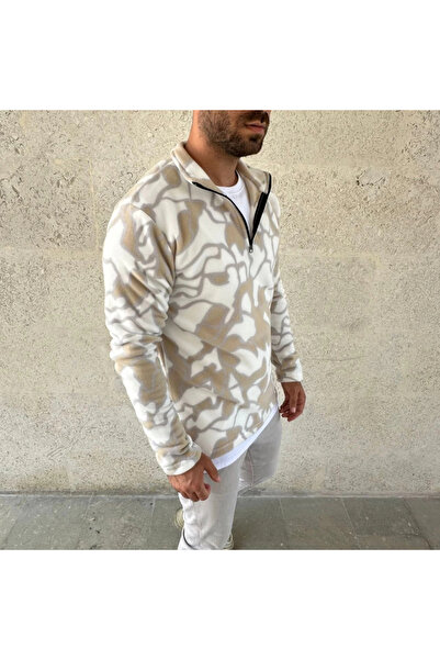TBL DEKOR Mdb Men's Half Zipper Patterned Fleece with Stand Collar, Long Sleeves, Oversized Comfortable Fit Beige