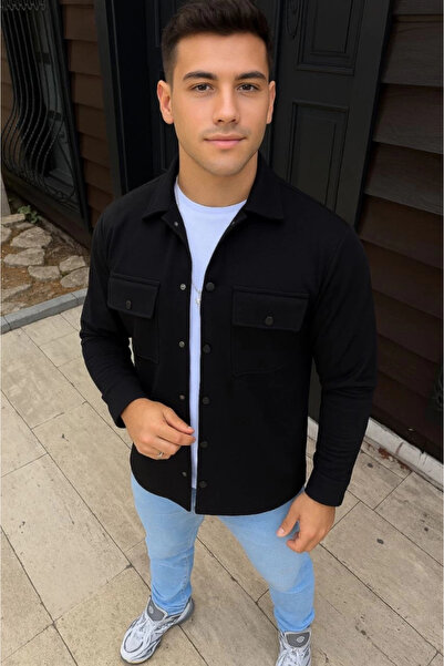 ARONA Mdb Men's Diagonal Fabric Pocket Snap Fastener Long Sleeve, Shirt Oversized Comfortable Fit Casual Stylish Til Black