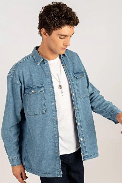 Tudors Джинсові джинси унісекс оверсайз з широким вирізом з подвійною кишенею синього кольору в стилі куртки-сорочки