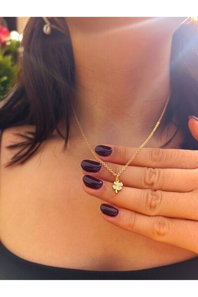 BeyzHal Altın Renkli Taşlı Dört Yapraklı Yonca Kolye – Şans Sembolü Kadın Tak...