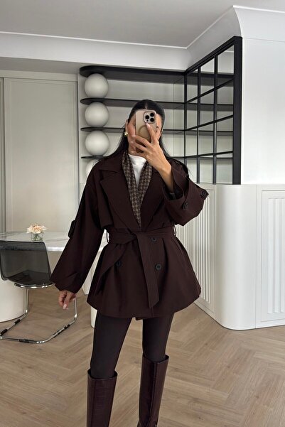 Narstorm Women's Belted Brown Araboy Sleeve Epaulettes Shawl Collar Trench Coat