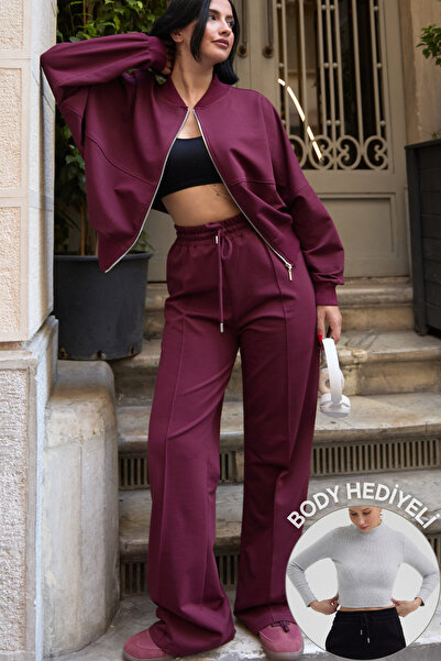 Mezka Σετ αθλητικής φόρμας Çimalı με φερμουάρ με λεπτομέρειες 2 νήματα μπορντό