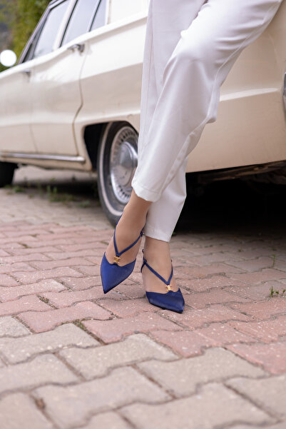 Tasarım Navy Blue Heeled Shoes Thin Heeled Shoes Evening and Event Shoes Seten Heeled Shoes