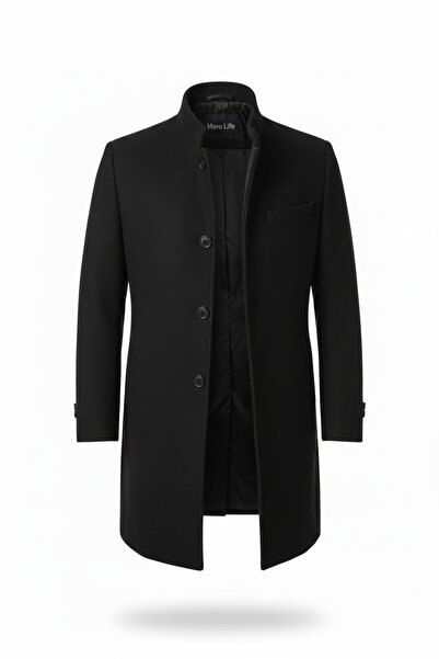 Mero Life Ανδρικό μαύρο παλτό με γραμματόσημα νέας σεζόν