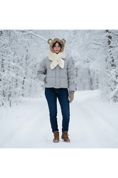 Löwin Plush Two-In-One Beanie and Shawl with Ear Detail |   Soft and Warm Winter Hat