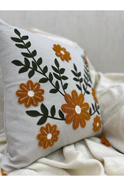 ON-ARS TEKSTİL Orange Floral Embroidered Linen Throw Pillow Cover – Tasseled, Decorative Pillow (43X43 cm)