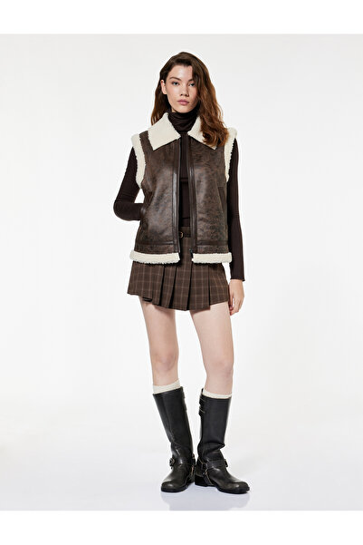 Koton Zippered Collar Faux Leather Vest with Pocket and Plush Detail