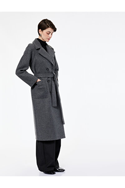 Koton Long Sleeve Pocketed Double Breasted Belted Long Cashmere Coat