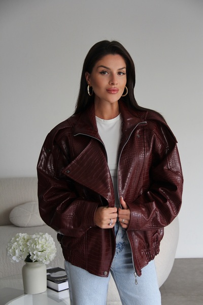 Julidress Burgundy Mock Neck Crocodile Lined Premium Blazer Leather Jacket