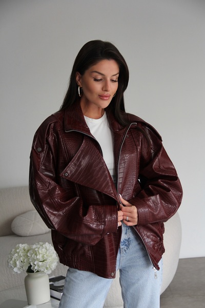 Julidress Burgundy Mock Neck Crocodile Lined Premium Blazer Leather Jacket