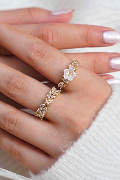 TREND COLLECTİON Kadın Zirkon Taşlı Altın Renk 2'li Vip Yüzük Seti