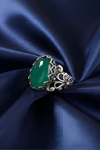 Takıdepo Rumi Model Yeşil Akik Taşlı El Işi Gümüş Yüzük