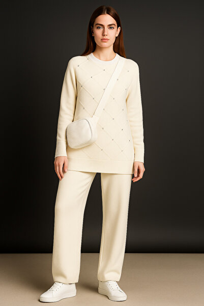 semela New Season Shining Stone Self-Embossed Baklava Pattern Knitwear Set